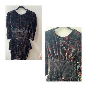KRISTY 80's vintage black floral velvet prom dress